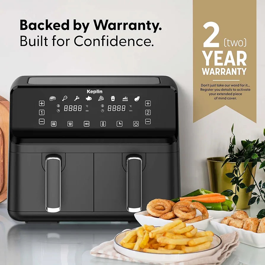 Keplin 9L Dual Zone Air Fryer - 8in1 Cooking Functions - 2700W Energy-Saving Cooker - Extra-Large Capacity for Healthy Meals - Roast, Bake, Dehydrate, Reheat,- Family Size - 2 Years Warranty