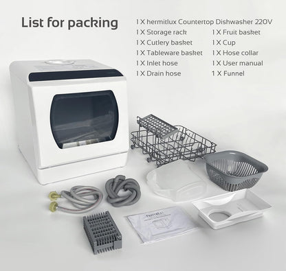 Hermitlux Table Top Dishwasher – Mini Countertop, 4 Place Settings, 6 Programs, Built-In 5L Water Tank, Touch Control