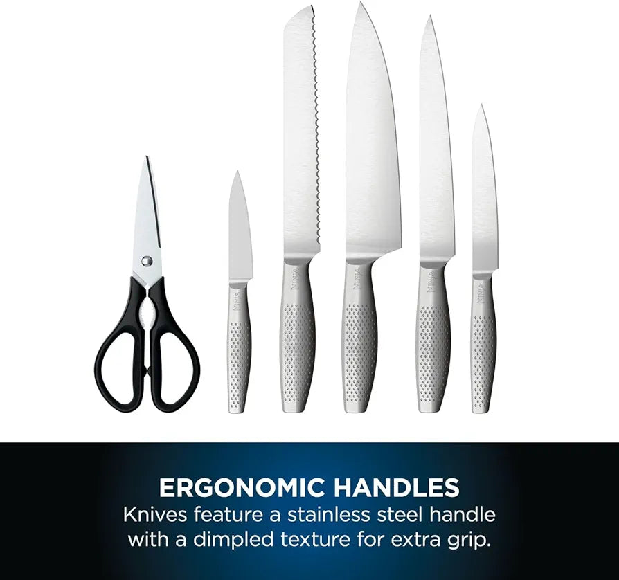Ninja StaySharp 6-Piece Knife Set With Integrated Sharpener - Chef, Slicing, Bread, Utility, Paring Knives and Kitchen Scissors - Stainless Steel, Charcoal K62006EUUK