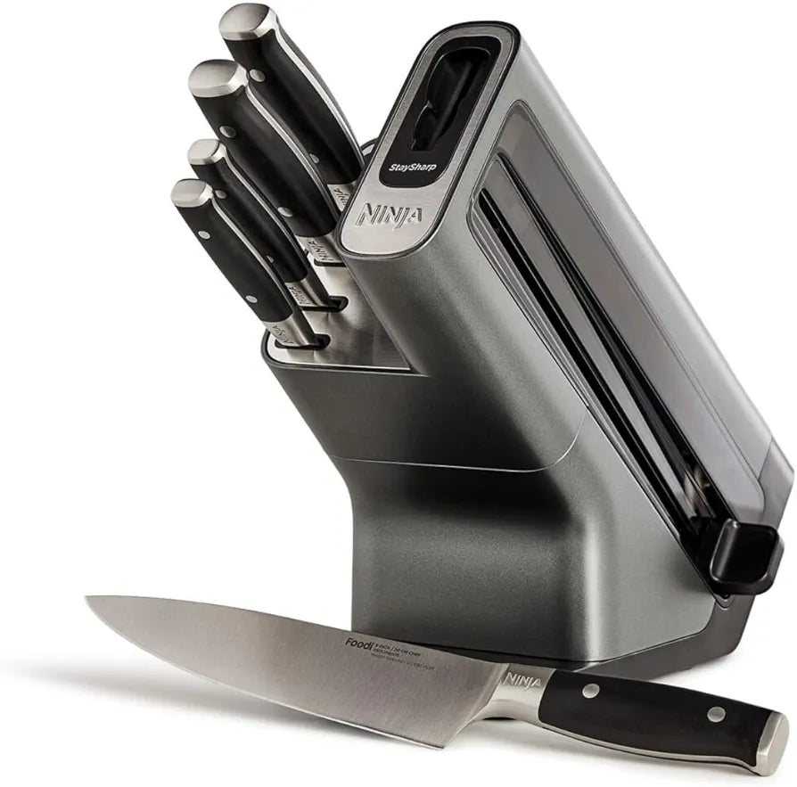 Ninja Foodi StaySharp Knife Block with Integrated Sharpener, 5-Piece Knife Set includes Chef, Bread, Slicing, Utility, Paring Knives, Stainless Steel K32005UK, Black