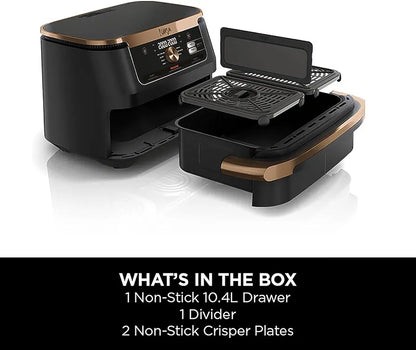 Ninja Foodi FlexDrawer Air Fryer, Dual Zone with Removable Divider, Large 10.4L Drawer, 7-in-1, Air-Fryer, Air Fry, Roast, Bake, Crisp, Non-Stick Dishwasher Safe Parts, Black and Copper, AF500UKCP