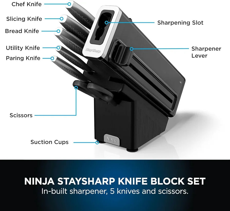 Ninja StaySharp 6-Piece Knife Set With Integrated Sharpener - Chef, Slicing, Bread, Utility, Paring Knives and Kitchen Scissors - Stainless Steel, Charcoal K62006EUUK