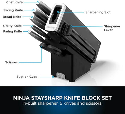 Ninja StaySharp 6-Piece Knife Set With Integrated Sharpener - Chef, Slicing, Bread, Utility, Paring Knives and Kitchen Scissors - Stainless Steel, Charcoal K62006EUUK