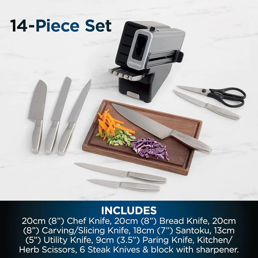 Ninja StaySharp 14-Piece Stainless Steel Knife Set, Charcoal Wood Block & Built-In Sharpener K62014EUUK
