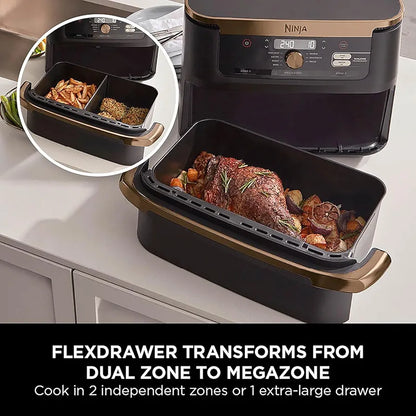 Ninja Foodi FlexDrawer Air Fryer, Dual Zone with Removable Divider, Large 10.4L Drawer, 7-in-1, Air-Fryer, Air Fry, Roast, Bake, Crisp, Non-Stick Dishwasher Safe Parts, Black and Copper, AF500UKCP