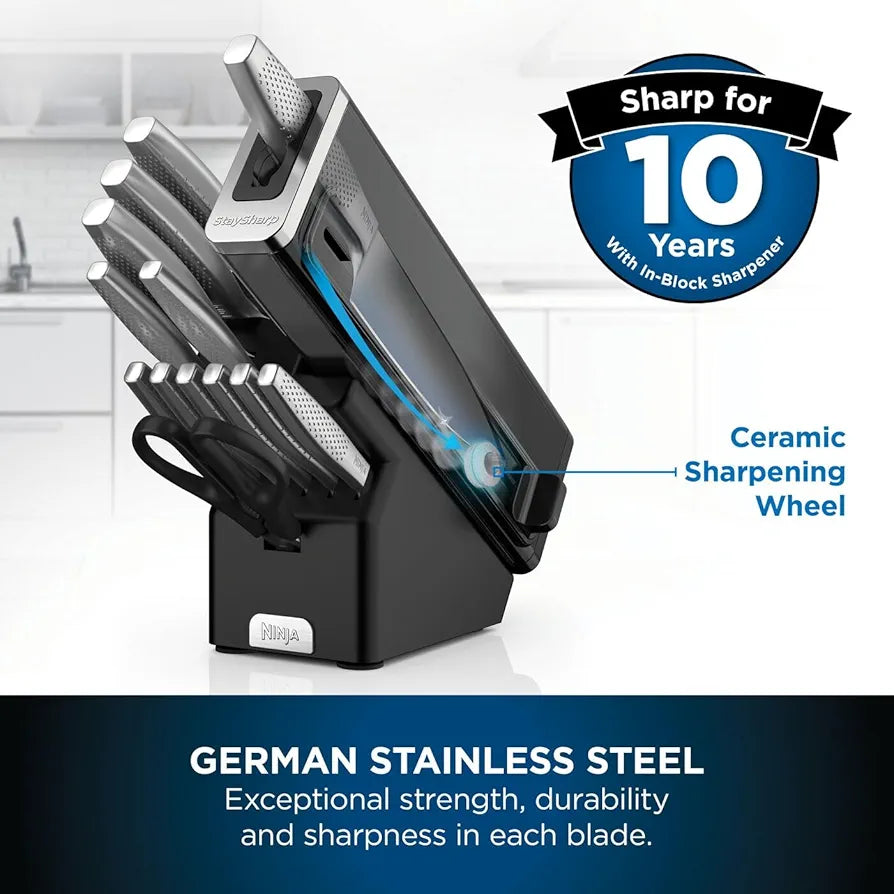 Ninja StaySharp 14-Piece Stainless Steel Knife Set, Charcoal Wood Block & Built-In Sharpener K62014EUUK