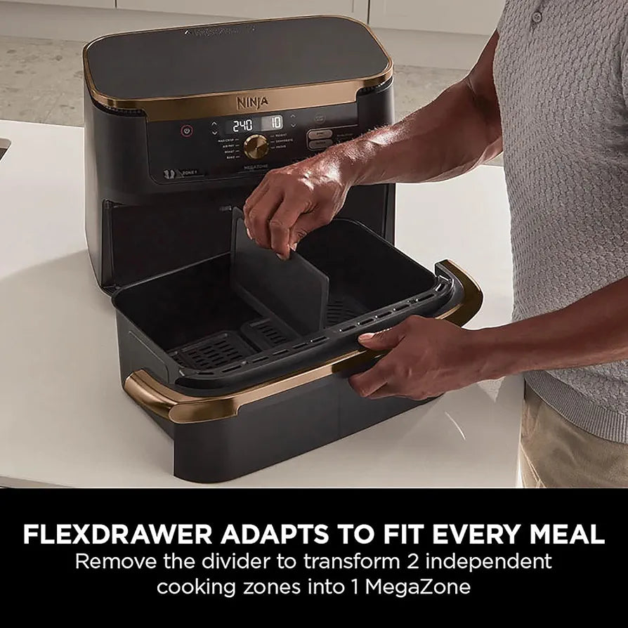 Ninja Foodi FlexDrawer Air Fryer, Dual Zone with Removable Divider, Large 10.4L Drawer, 7-in-1, Air-Fryer, Air Fry, Roast, Bake, Crisp, Non-Stick Dishwasher Safe Parts, Black and Copper, AF500UKCP