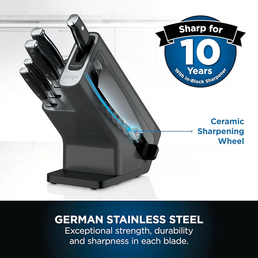 Ninja Foodi StaySharp Knife Block with Integrated Sharpener, 5-Piece Knife Set includes Chef, Bread, Slicing, Utility, Paring Knives, Stainless Steel K32005UK, Black