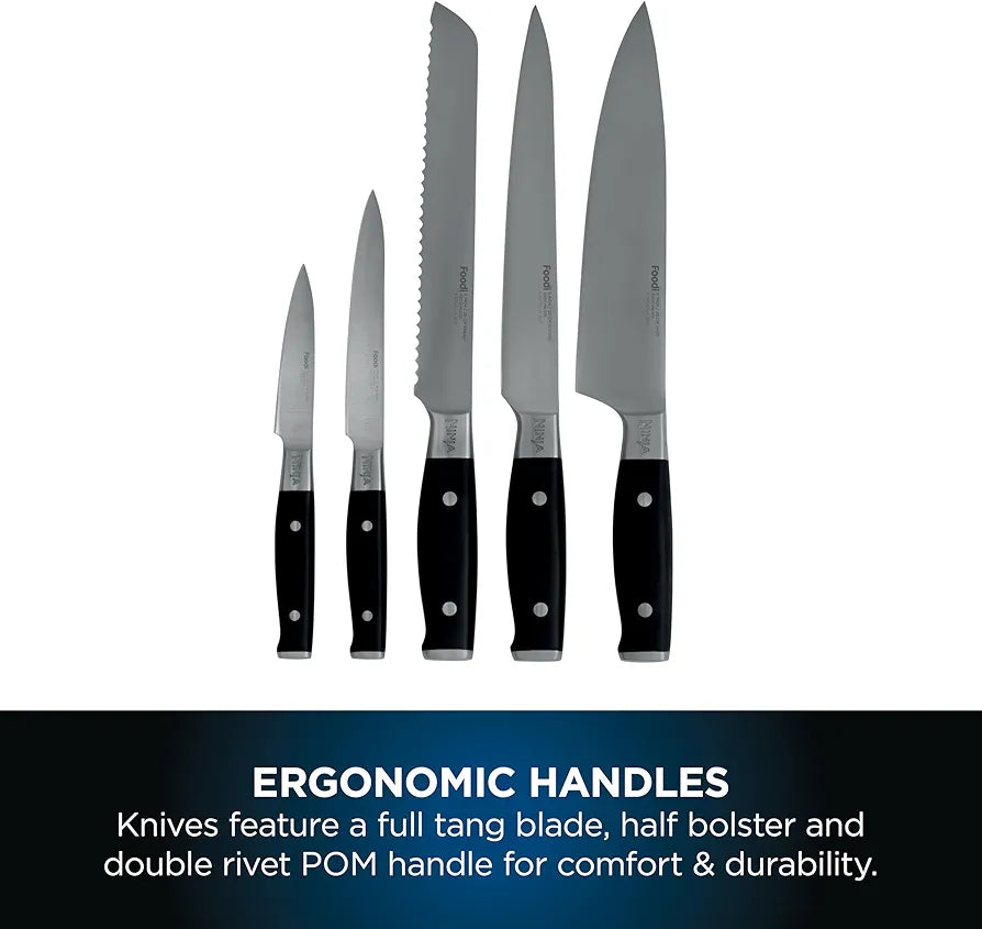 Ninja Foodi StaySharp Knife Block with Integrated Sharpener, 5-Piece Knife Set includes Chef, Bread, Slicing, Utility, Paring Knives, Stainless Steel K32005UK, Black
