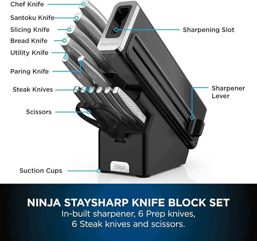 Ninja StaySharp 14-Piece Stainless Steel Knife Set, Charcoal Wood Block & Built-In Sharpener K62014EUUK