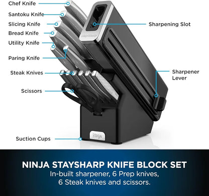 Ninja StaySharp 14-Piece Stainless Steel Knife Set, Charcoal Wood Block & Built-In Sharpener K62014EUUK