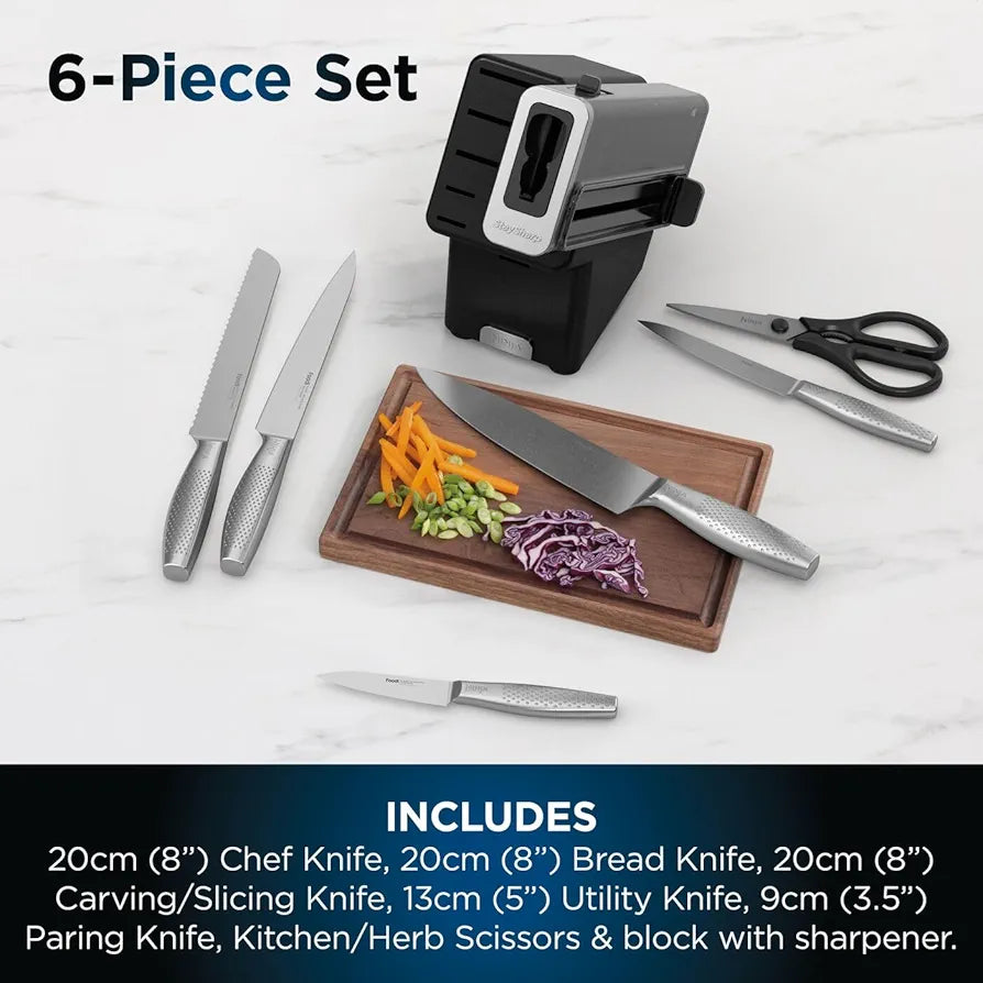 Ninja StaySharp 6-Piece Knife Set With Integrated Sharpener - Chef, Slicing, Bread, Utility, Paring Knives and Kitchen Scissors - Stainless Steel, Charcoal K62006EUUK