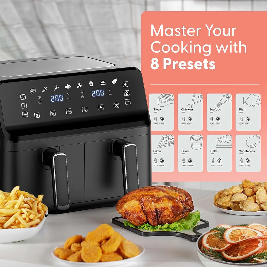 Keplin 9L Dual Zone Air Fryer - 8in1 Cooking Functions - 2700W Energy-Saving Cooker - Extra-Large Capacity for Healthy Meals - Roast, Bake, Dehydrate, Reheat,- Family Size - 2 Years Warranty