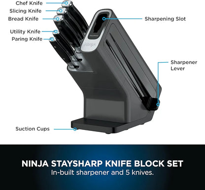 Ninja Foodi StaySharp Knife Block with Integrated Sharpener, 5-Piece Knife Set includes Chef, Bread, Slicing, Utility, Paring Knives, Stainless Steel K32005UK, Black