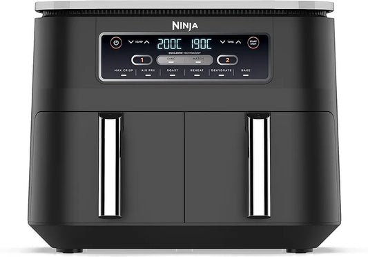 Ninja Foodi Dual Zone Digital Air Fryer, 2 Drawers, 7.6L, 6-in-1, Uses No Oil, Air Fry, Max Crisp, Roast, Bake, Reheat, Dehydrate, Cooks 4-6 Portions, Non-Stick, Dishwasher Safe Baskets, Black AF300UK