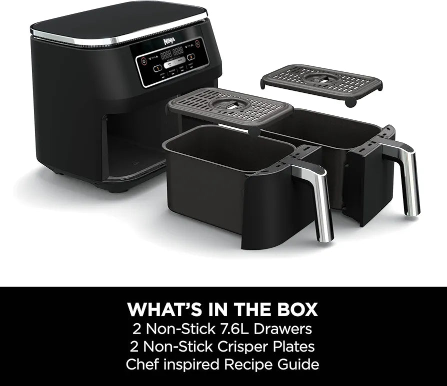 Ninja Foodi Dual Zone Digital Air Fryer, 2 Drawers, 7.6L, 4-in-1, Uses No Oil, Air Fry, Max Crisp, Roast, Reheat, Non-Stick, Dishwasher Safe Baskets and Crisper Plates, Black AF200UK
