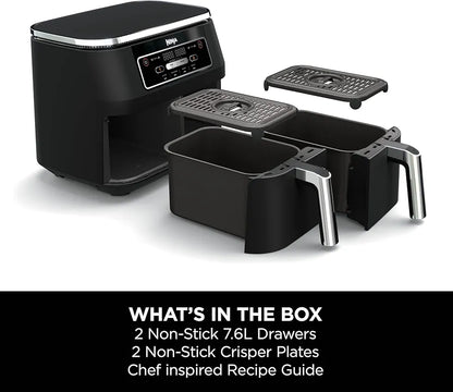 Ninja Foodi Dual Zone Digital Air Fryer, 2 Drawers, 7.6L, 4-in-1, Uses No Oil, Air Fry, Max Crisp, Roast, Reheat, Non-Stick, Dishwasher Safe Baskets and Crisper Plates, Black AF200UK