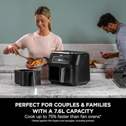 Ninja Foodi Dual Zone Digital Air Fryer, 2 Drawers, 7.6L, 4-in-1, Uses No Oil, Air Fry, Max Crisp, Roast, Reheat, Non-Stick, Dishwasher Safe Baskets and Crisper Plates, Black AF200UK