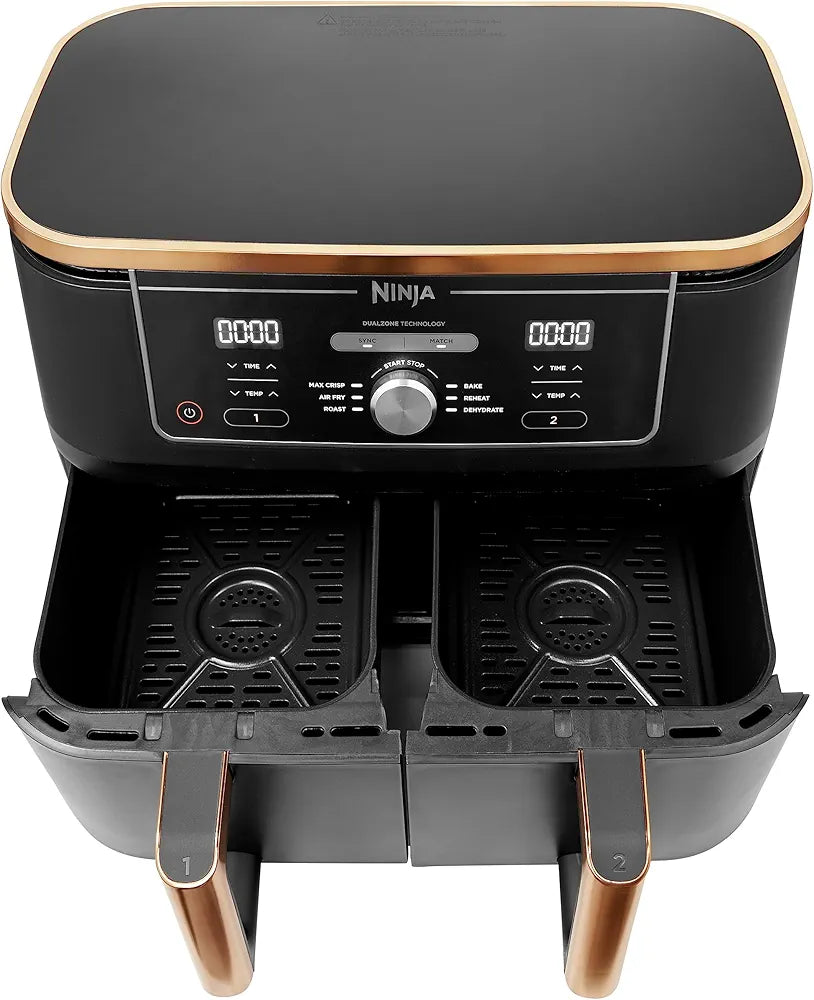 Ninja Foodi MAX Dual Zone Air Fryer, Amazon Exclusive, Tongs, 2 Drawers, 9.5L, 6-in-1, Use No Oil, Air Fry, Max Crisp, Roast, Bake, 8 Portions, Nonstick Dishwasher Safe Baskets, Copper/Black AF400UKCP