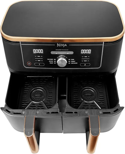Ninja Foodi MAX Dual Zone Air Fryer, Amazon Exclusive, Tongs, 2 Drawers, 9.5L, 6-in-1, Use No Oil, Air Fry, Max Crisp, Roast, Bake, 8 Portions, Nonstick Dishwasher Safe Baskets, Copper/Black AF400UKCP