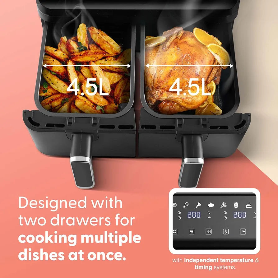 Keplin 9L Dual Zone Air Fryer - 8in1 Cooking Functions - 2700W Energy-Saving Cooker - Extra-Large Capacity for Healthy Meals - Roast, Bake, Dehydrate, Reheat,- Family Size - 2 Years Warranty