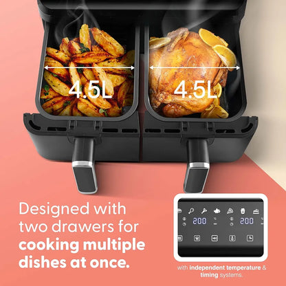 Keplin 9L Dual Zone Air Fryer - 8in1 Cooking Functions - 2700W Energy-Saving Cooker - Extra-Large Capacity for Healthy Meals - Roast, Bake, Dehydrate, Reheat,- Family Size - 2 Years Warranty